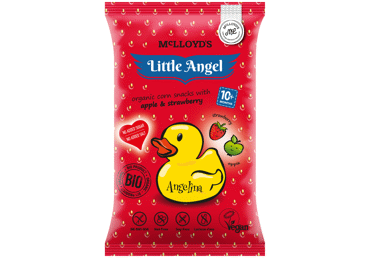 Ekologiški kepti kukurūzų užkandžiai LITTLE ANGEL ANGELINA su obuoliais ir braškėmis nuo 10 mėn., 30 g