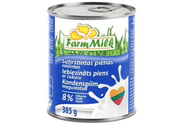 Saldintas sutirštintas pienas FARM MILK, 8 % rieb., 385 g