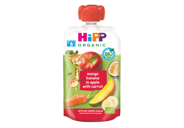 Ekologiška obuolių, morkų tyrelė su mango ir bananais nuo 12 mėn.