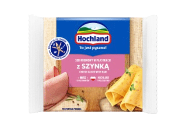 Lydytas sūris HOCHLAND su kumpiu riekelėmis, 19% rieb. s. m., 130 g