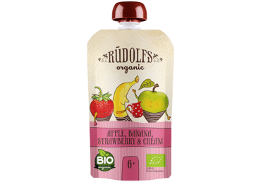 Ekologiška vaisių tyrelė RŪDOLFS su grietinėle, 6+ mėn., 110 g