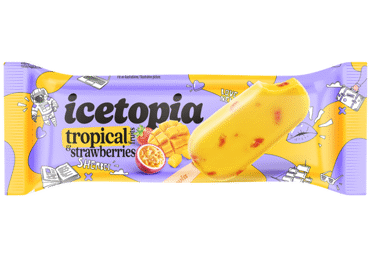 Šerbetas ICETOPIA, tropinių vaisių skonio su braškių gabaliukais, 70 g