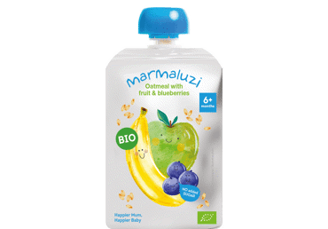 Ekologiška obuolių, mėlynių, bananų, avižų košė MARMALUZI, 6 mėn., 90g