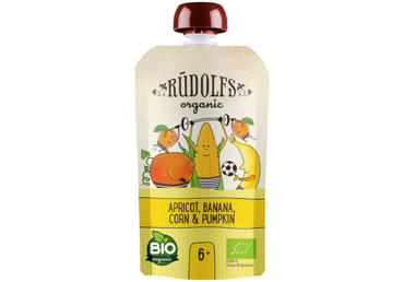 Ekologiška kukurūzų, moliūgų tyrelė RŪDOLFS su bananais, abrikosu, nuo 6 mėn.