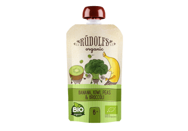 Ekologiška žirnių, brokolių tyrelė. RŪDOLFS su bananais, kiviais, nuo 6 mėn.