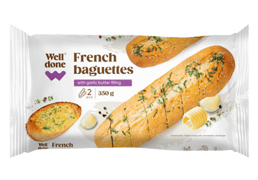 Frozen French baguette WELL DONE with garlic, 350 g