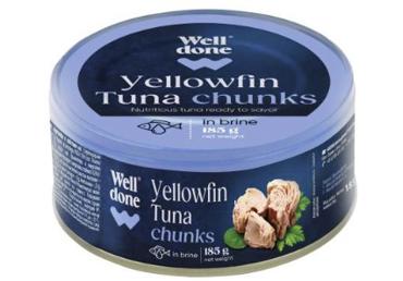 Gelsvauodegių tunų gabaliukai savo sultyse WELL DONE, 185 g