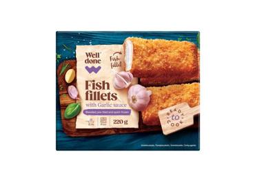 Fish fillet with garlic sauce in crispy coating