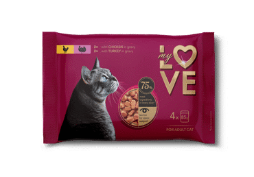 My Love complete canned food for adult cats with chicken and turkey in sauce, 4 x 85 g