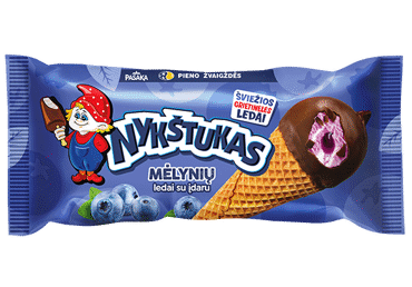 Vaniliniai grietininiai ledai NYKŠTUKAS su mėlynių įdaru apglaistyti kakaviniu glaistu vafliniame ragelyje , 90 g