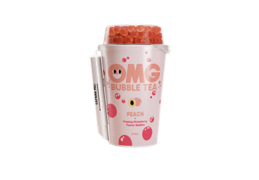 Tea drink OMG Bubble Tea with strawberry bubbles, peach flavor