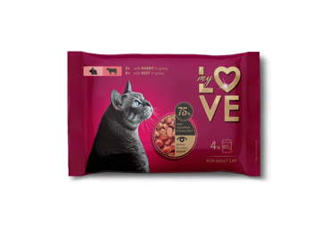 My Love visavertis konservuotas pašaras suaugusioms katėms su triušiena ir jautiena padaže, 4 x 85 g