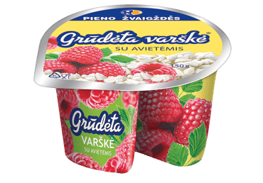 GRŪDĖTA varškė su avietėmis, 7 % rieb., 150 g