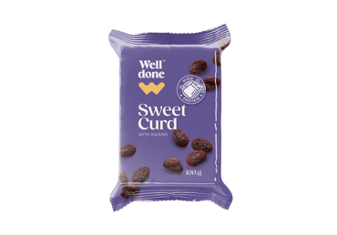 Varškės sūrelis su razinomis WELL DONE, 7,3 % rieb., 100 g