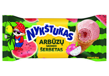 Сорбет со вкусом арбуза NYKŠTUKAS с начинкой из питахайи (фрукта дракона) в вафельном стаканчике, 84 г