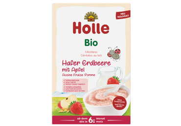 Ekologiška pieniška avižų košė su braškėmis ir obuoliais kūdikiams HOLLE nuo 6 mėn., 250 g