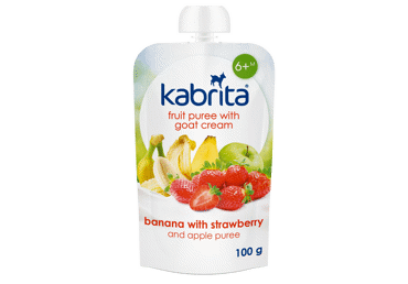 Tyrelė su ožkų pienu,bananais,braškėmis ir obuoliais KABRITA, nuo 6 mėn.,100g