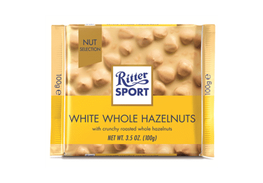 Baltasis šokoladas RITTER SPORT su lazdynų riešutais, 100 g