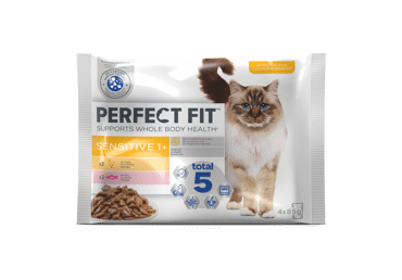 Konservuotas kačių ėdalas PERFECT FIT su vištiena, lašiša, 340 g
