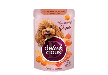 Konservuotas maistas suaugusiems šunims juostelės su lašiša ir morkomis kreminėje sriuboje DELICKCIOUS, 85 g