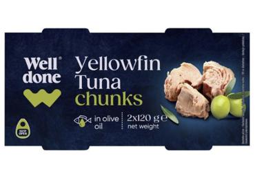 Gelsvauodegių tunų gabaliukai alyvuogių aliejuje WELL DONE, 240 g