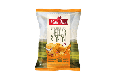 Traškučiai ESTRELLA KETTLE COOKED, čederio ir svogūnų skonio, 120 g