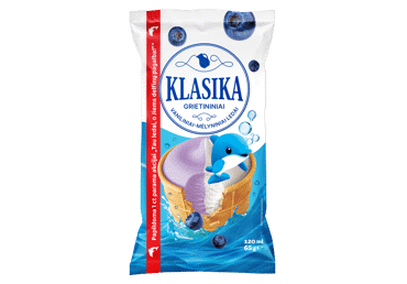 Grietininiai valgomieji ledai KLASIKA, vanilės ir mėlynių skonio, 65 g