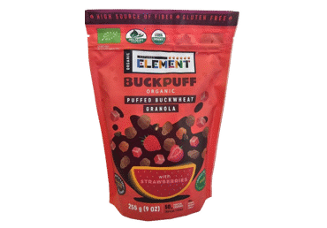 Ekologiška pūstų grikių granola BUCK PUFF su braškėmis, 255 g