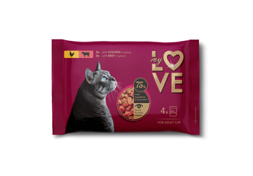 My Love полноценный консервированный корм для взрослых кошек с курицей и говядиной в соусе, 4 x 85 г