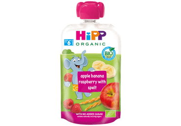 Ekologiška obuolių, bananų, aviečių tyrelė HIPP su grūdais,nuo 6mėn., 100 g