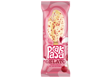 Vanilla creamy ice cream PASAKA GELATO with raspberry filling and yogurt glaze with raspberry pieces, 82 g