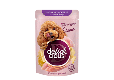 Konservuotas pašaras suaugusiems šunims juostelės su kalakutiena ir sūriu kreminėje sriuboje DELICKCIOUS, 85 g