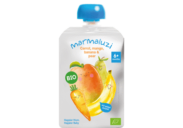 Ekologiška morkų, mangų, bananų, kriaušių tyrelė MARMALUZI, 6 mėn., 90 g 