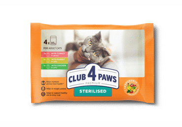 Club 4 Paws Premium visavertis konservuotas pašaras suau gusioms sterilizuotoms katėms su kalakutiena ir triušiena padaže, 4x85 gr