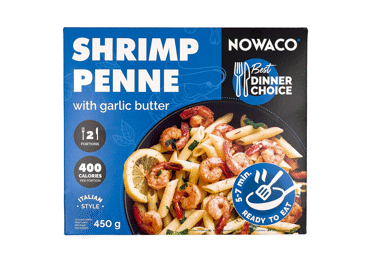 Šaldyti makaronai su krevetėmis česnakiniame padaže NOWACO, 450 g