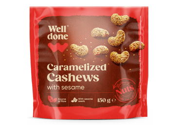 Karamelizuoti anakardžiai su sezamais WELL DONE, 150 g