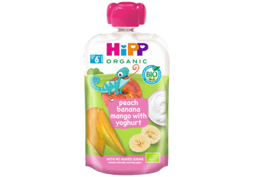 Ekologiška persikų, bananų ir mangų tyrelė HIPP su jogurtu (6+), 100 g
