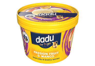Vaniliniai ledai DADU su mangų gabaliukais, pasiflorų įdaru, 400 g