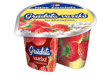 GRŪDĖTA varškė  su braškėmis, 7 % rieb., 150 g