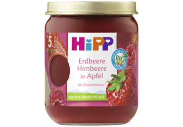 Ekologiška braškių, aviečių ir obuolių tyrelė HIPP, 5+ mėn., 160 g