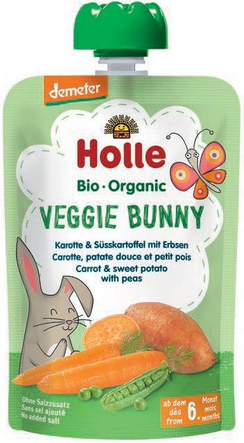 Morkų, saldžiųjų bulvių ir žirnelių tyrelė VEGGIE BUNNY, kūdikiams nuo 6 mėn., biodinaminė HOLLE, 100 g