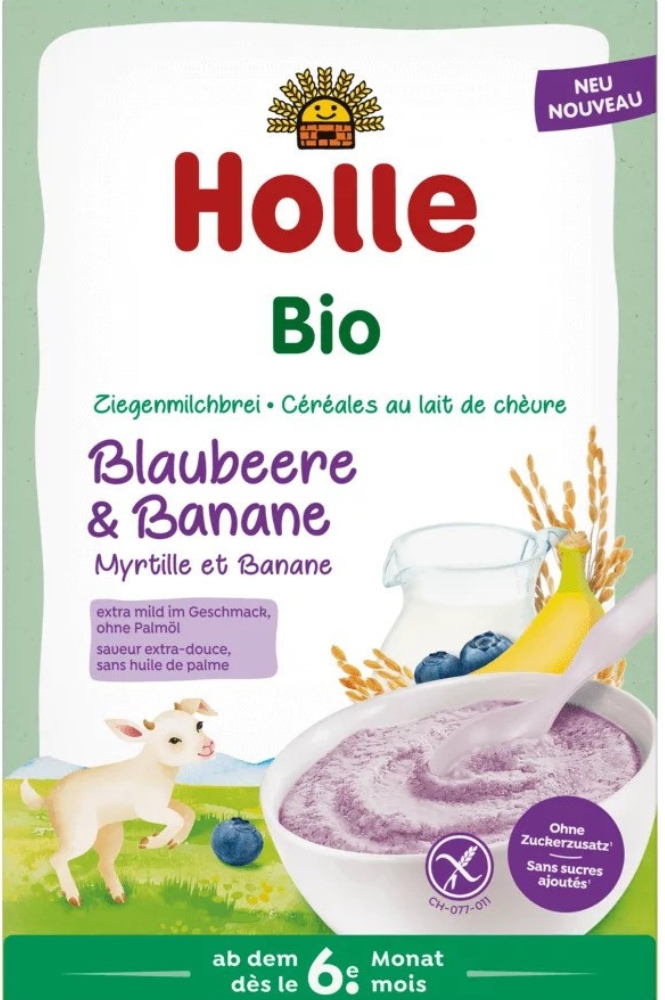 Pieniška košė su mėlynėmis ir bananais kūdikiams nuo 6 mėn., ekologiška HOLLE, 200 g