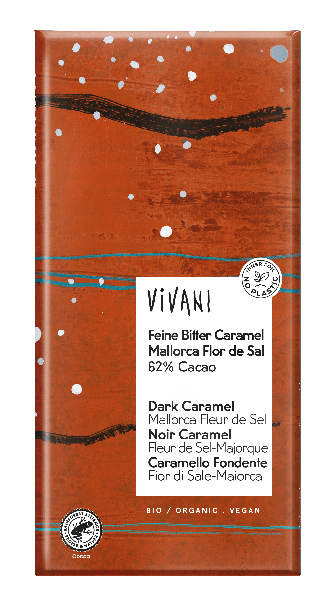 Juodasis šokoladas su karamele ir druska Fleur de Sel, ekologiškas VIVANI, 80 g