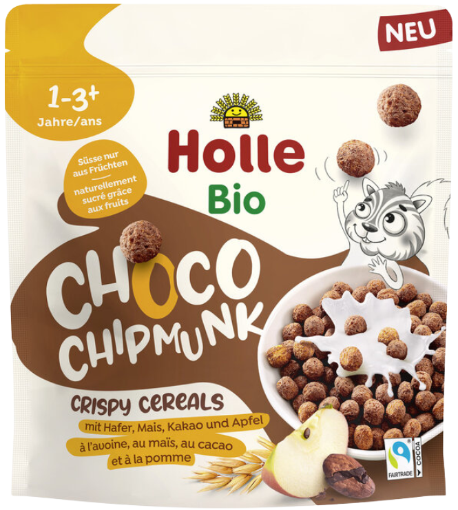Traškūs sausi pusryčiai su kakava CHOCO CHIPMUNK, ekologiški HOLLE, 125 g