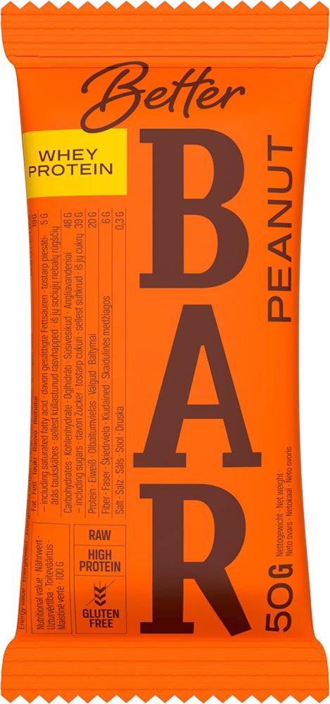 Žemės riešutų batonėlis su pieno išrūgų baltymais BETTER FOODS, 45 g