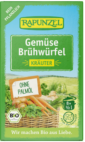 Daržovių sultinys su žalumynais, ekologiškas RAPUNZEL, 8 kub. x 0,5 l