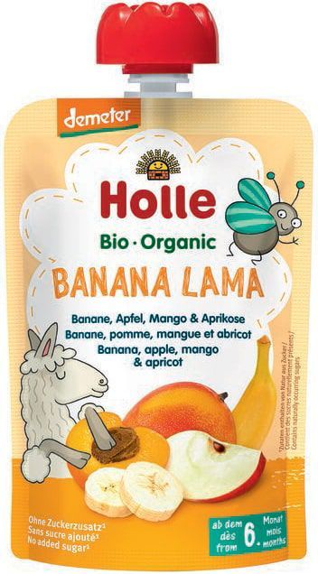 Bananų, obuolių, mangų ir abrikosų tyrelė BANANA LAMA, kūdikiams nuo 6 mėn., biodinaminė HOLLE, 100 g
