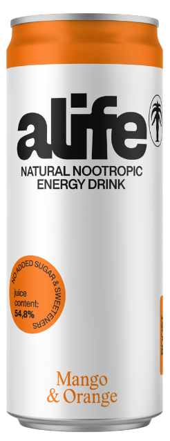 Mangų ir apelsinų skonio gazuotas energinis gėrimas ALIFE, 330 ml