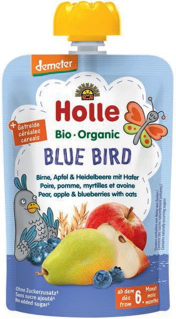 Kriaušių, obuolių ir mėlynių tyrelė su avižomis BLUE BIRD, kūdikiams nuo 6 mėn., biodinaminė HOLLE, 100 g