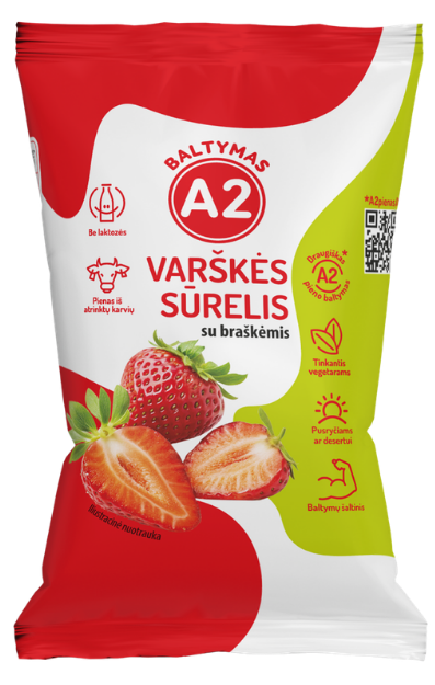 Varškės sūrelis iš A2 pieno, su braškėmis ŽEMAITIJOS PIENAS, 100g
